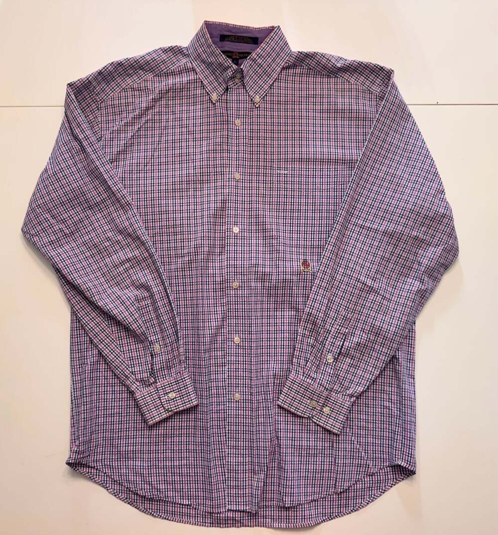 Tommy Hilfiger Men's Long Sleeve Button-Down Plaid Shirt Purple Blue White Cotto